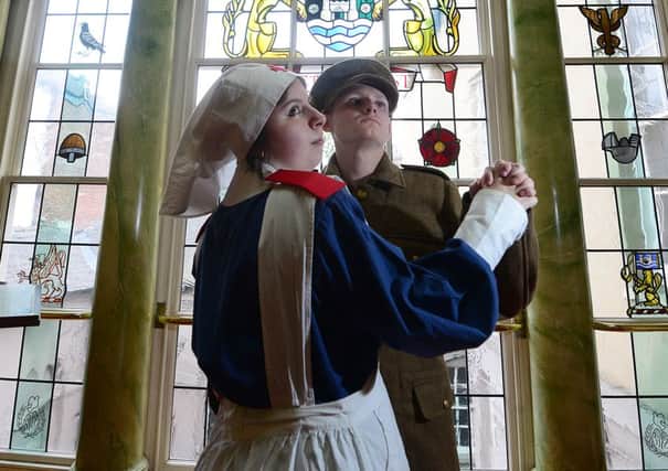 Students Mitchell Hone and Kirsti Pritchett from the University Campus Doncaster, rehearse their play based on WW1 using real life events that occured in the town's Mansion House. Picture: Scott Merrylees