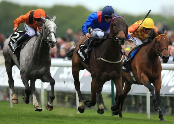 Clever Cookie ridden by PJ McDonald (centre) beat  Second Step ridden by Andrea Atzeni (right) and Curbyourenthusiasm ridden by D Sweeney (left) to win the Betway Yorkshire Cup