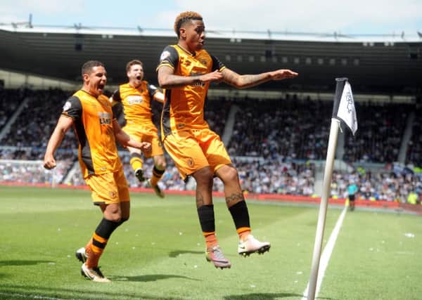 Abel Hernandez celebrates scoring the first goal at Derby on Saturday. (Picture: Tony Johnson)