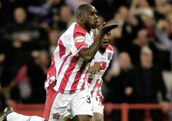 Sheffield United's Steve Kabba celebrates his goal against Nottingham Forest in the Nationwide Division One play off game at Bramall Lane, Sheffield, on Thursday May 15, 2003.