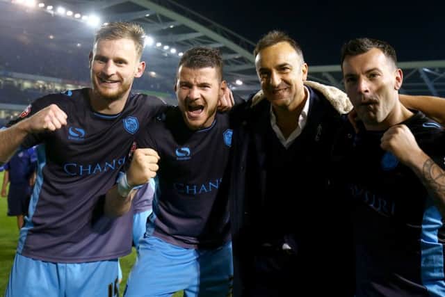 Sheffield Wednesday's Tom Lees, Daniel Pudil, manager Carlos Carvalhal and goalscorer Ross Wallace (left to right) celebrate after the final whistle.