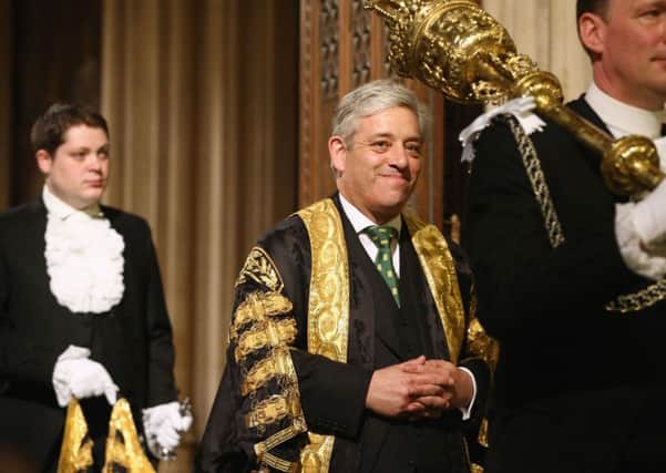 John Bercow, the Speaker of the House of Commons, walking through the Members' Lobby after listening to the Queen's Speech at the State Opening of Parliament in London in 2015. PRESS ASSOCIATION Photo. Issue date: Friday February 12, 2016.  Dan Kitwood/PA Wire