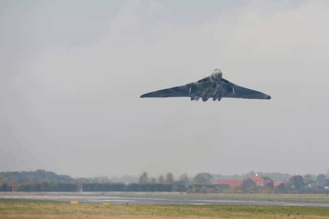 Vulcan XH558, a restored nuclear bomber, takes off on its final flight at Doncaster's Robin Hood Airport. Photo credit should read: Joe Giddens/PA Wire