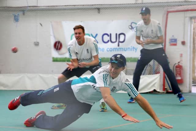 England's Jake Ball (left), Joe Root (centre) and Steven Finn during an indoor nets session at Headingley on Wednesday. Picture: Simon Cooper/PA.
