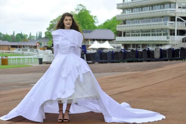 Model Hannah Robertson wearing a design by Paul Delgardo, a BA (Hons) Degree student at York College , based on the York Castle Museum Shaping the Body exhibition. (GL1010/13e)