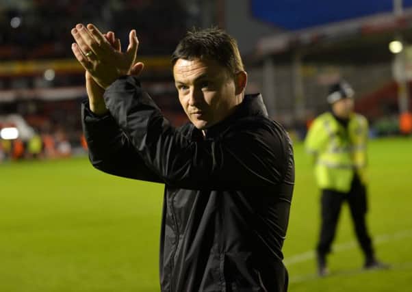 Barnsley's manager Paul Heckingbottom celebrates after his side's 3-1 win at Walsall - sealing a 6-1 aggregate win in the League One play-off semi-final.
 Picture : Jonathan Gawthorpe