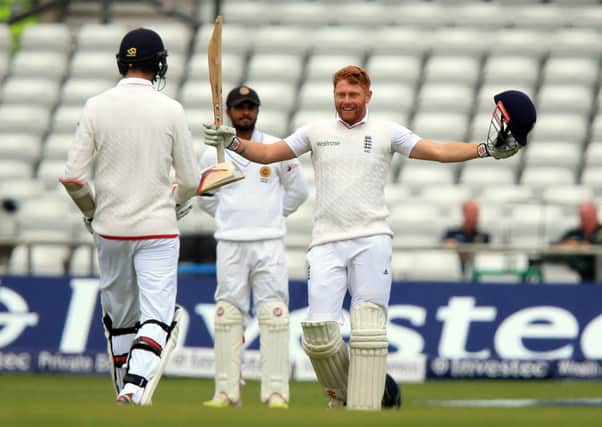 Englands Jonny Bairstow wears a broad smile on his face as he celebrates reaching his century on his home ground of Headingley in the first Test against Sri Lanka (Picture: Mike Egerton/PA).