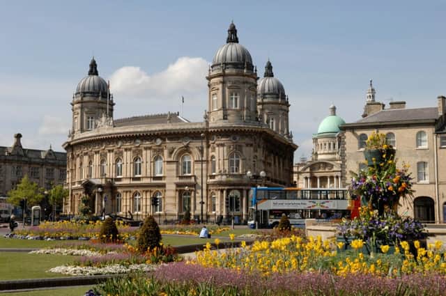Queens Gardens in Hull city centre with the Maritime Museum dominating and the City Hall in the background.