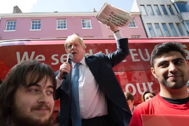 Boris Johnson makes a speech in York, before travelling to Leeds yesterday