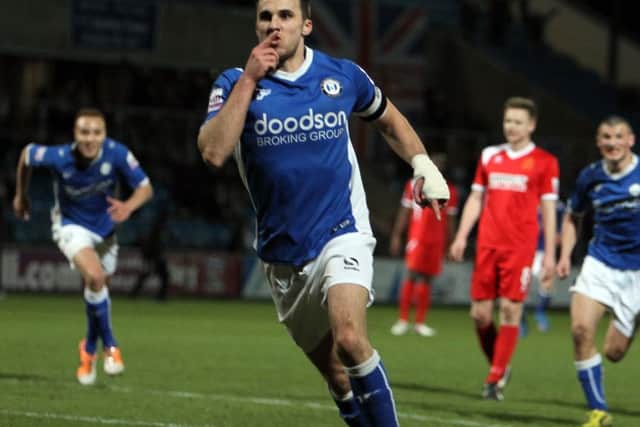 Lee Gregory celebrates scoring the first of his two goals, as Halifax Town won 2-0 over Alfreton at The Shay. He will line up for Milwall at Wembley on Sunday.