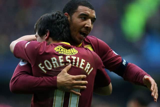 Watford's Troy Deeney (right) celebrates scoring his sides second goal with the scorer of his sides first goal Watford's Fernando Forestieri
