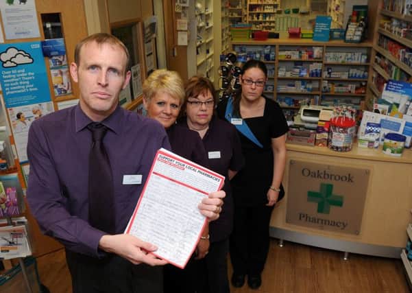 (l-r) Kevin Torr, Pharmacist, Anita Darling, Medicine Counter Assistant, Bev Griffiths, Technician and Zoe Gawthorpe, Technician, at Oakbrook Pharmacy are supporting a national petition against governement cuts that will affect smaller pharmacies. Picture: Andrew Roe