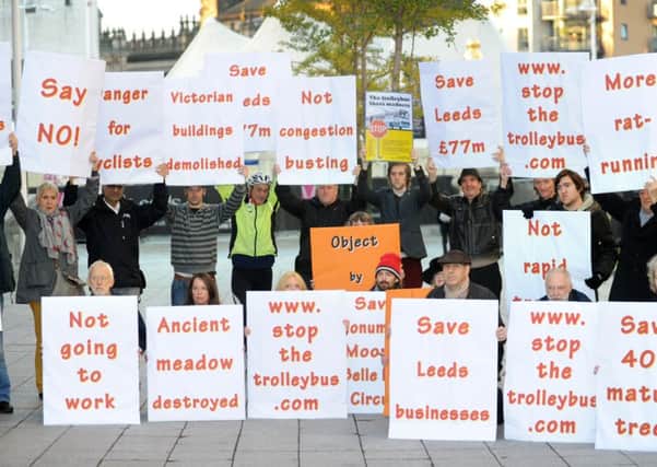 Protesters at the public inquiry which rejected the Leeds trolleybus plan.
