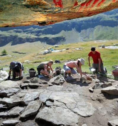 View of the paintings from the interior of the rock shelter with the rock art colours enhanced with DStretch (Photo: LoÃ¯c Damelet, CNRS/Centre Camille Jullian; enhancement: C. Defrasne)