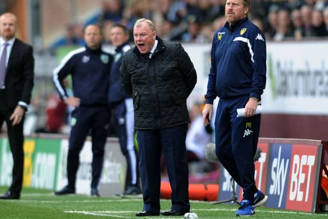 Steve Evans gets his message across to his Leeds players during the 1-0 defeat to Burnley. Picture: Jonathan Gawthorpe