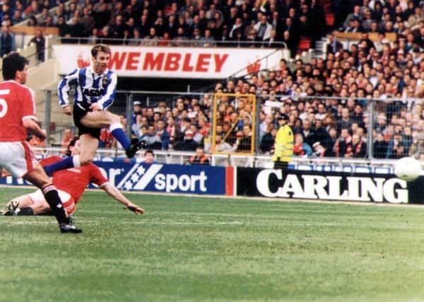 OWLS LEGEND: John Sheridan fires the winner against Manchester United in the final of the Rumbelows Cup in 1991.
