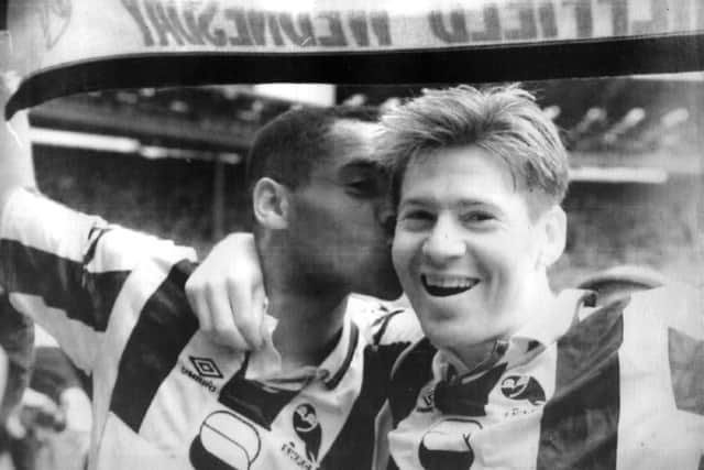 Sheffield Wednesday Chris Waddle (right) and Mark Bright celebrate after winning the 1993 FA Cup Semi-Final at Wembley against Steel City rivals Sheffield United. Picture: 
PA.