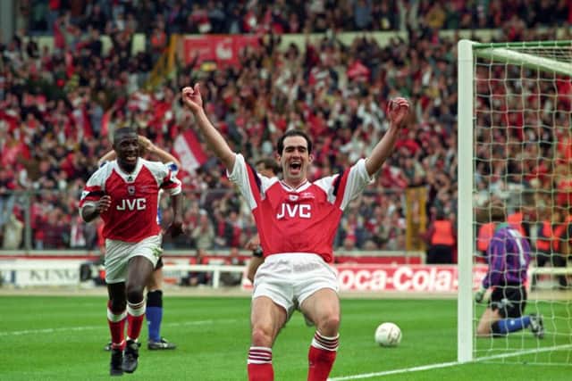Steve Morrow celebrates at Wembley after scoring Arsenal's winning goal in the Coca-Cola Cup Final against Sheffield Wednesday in 1993. Picture: Adam Butler/PA.