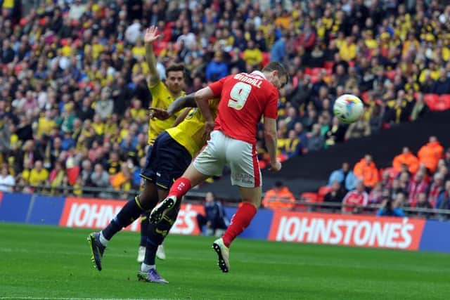 Barnsley's Sam Winnall equalises against Oxford in the JP Trophy final at Wembley earlier this year. Picture: Tony Johnson