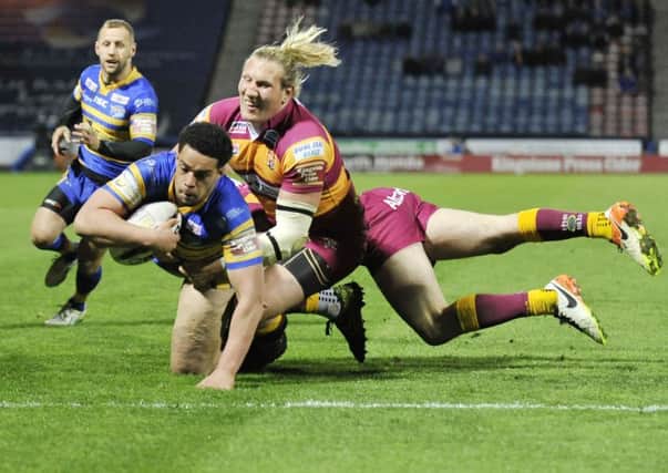 Josh Walters, scoring a try against Huddersfield Giants earlier this season, is on a steep learning curve. Picture: Steve Riding.