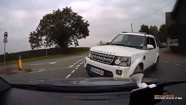The moment that Jaguar Land Rover manager Andrew Nay, 39, smashed his company 4x4 into a car during a road rage chase, leaving Katrina and Karlina Raiba, aged five and eight, paralysed