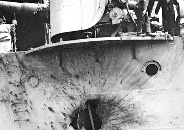 A shell-hole in the side of HMS Chester following the Battle of Jutland. (Imperial War Museums/PA).