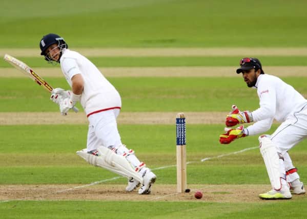 England's Joe Root, on his way to 80 against Sri Lanka on day one at the Emirates Riverside. Picture: Richard Sellers/PA.