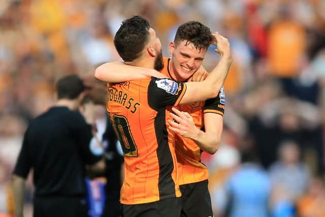 Hull City's Robert Snodgrass (left) and Andrew Robertson celebrate victory.