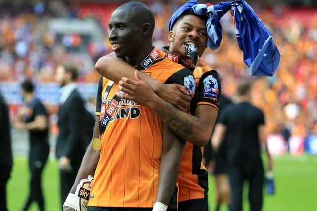 Hull City's Mohamed Diame (left) and Chuba Akpom celebrate after the Championship Play-Off Final.