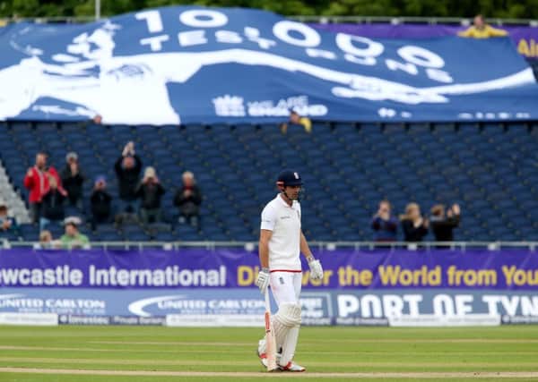 England's Alastair Cook after scoring 10,000 test runs during day four of the Investec Second Test Match at the Emirates Riverside, Chester-Le-Street. PRESS ASSOCIATION Photo. Picture date: Monday May 30, 2016. See PA story CRICKET England. Photo credit should read: Richard Sellers/PA Wire. RESTRICTIONS: Editorial use only. No commercial use without prior written consent of the ECB. Still image use only. No moving images to emulate broadcast. No removing or obscuring of sponsor logos. Call +44 (0)1158 447447 for further information.
