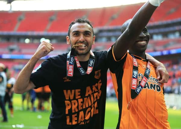 Hull City's Ahmed Elmohamady (left) and Mohamed Diame celebrate after winning the Championship Play-Off Final