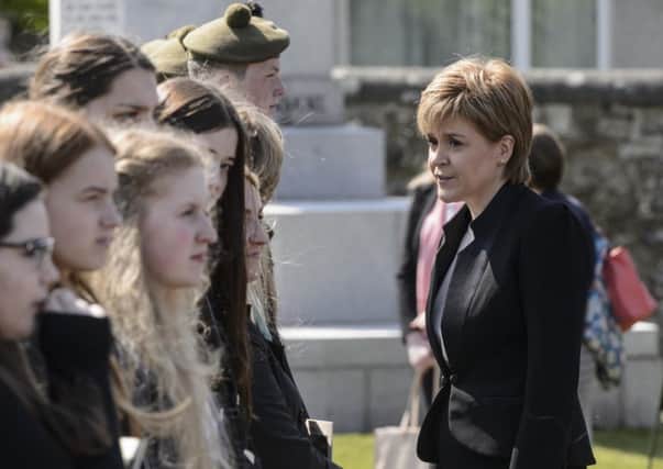 First Minister Nicola Sturgeon at the Battle of Jutland commemoration. The three main party leaders north of the border are female.