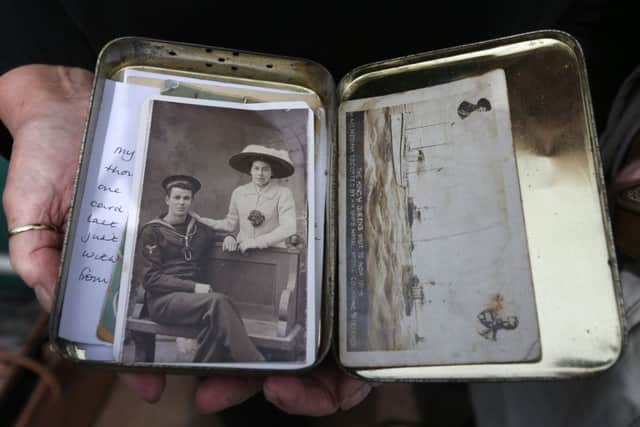 A tin containing a photograph of Florence Waite (right) and Sidney Walton, who died on May 31 1916 after the ship he was serving on, HMS Invincible, was sunk by the Germans at the Battle of Jutland.