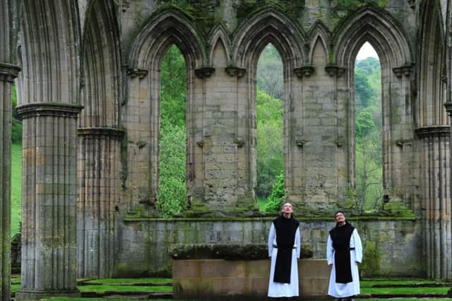 Friar Joseph and Brother Bernard from the Cistercian order of monastery of Mount Saint Bernard Abbey in Leicestershire visit Rievaulx Abbey.