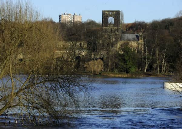 Flooded River Aire and Kirkstall Abbey at Bridge Road.  27 December 2015.  Picture Bruce Rollinson