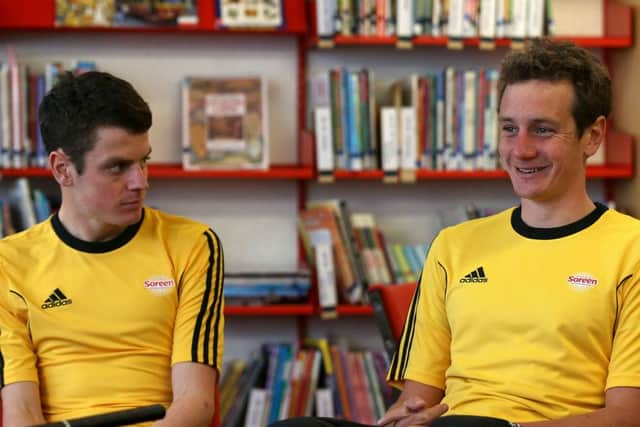 Alistair (right) and Jonny Brownlee during an interview at Bramhope Primary School.