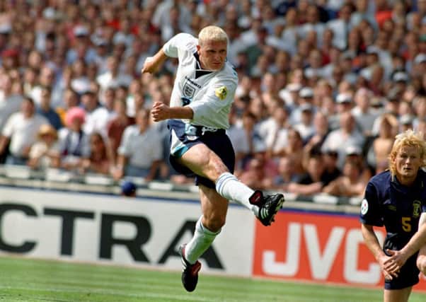 Paul Gascoigne scores his memorable goal in England's 2-0 win over Scotland in Euro 96 (Picture: Neil Munns/PA Wire).
