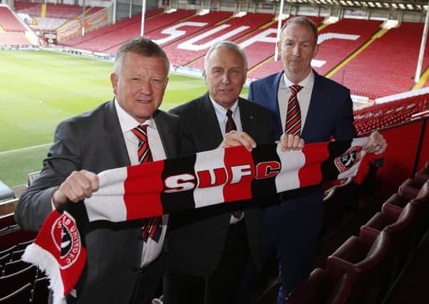 Chris Wilder, the new manager of Sheffield United, with Kevin McCabe, co-owner, and Alan Knill, the assistant manager (Picture: Simon Bellis/Sportimage).