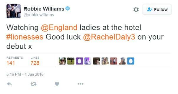 Robbie Williams sent Daly a message of support on Twitter before she made her debut