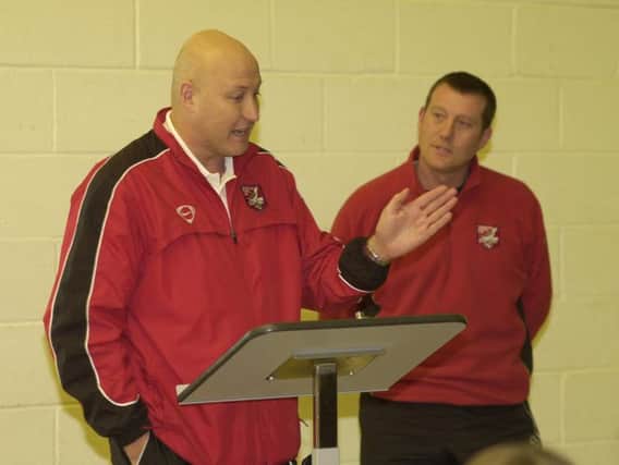 Russell Slade during his time as Boro boss, with Mitch Cook