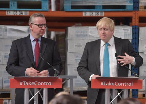 Michael Gove (left) at a Vote Leave event with Boris Johnson today