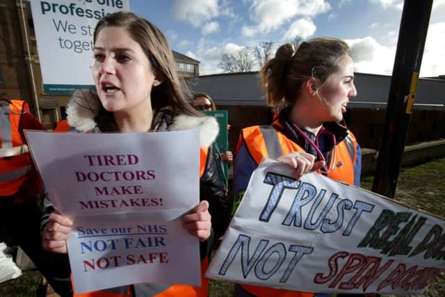 Picture: Lorne Campbell / Guzelian. Junior doctors strike outside Harrogate District Hospital, Harrogate, North Yorkshire, on Wednesday morning in the latest day of strike action, which will last for 48 hours. 6 APRIL 2016.