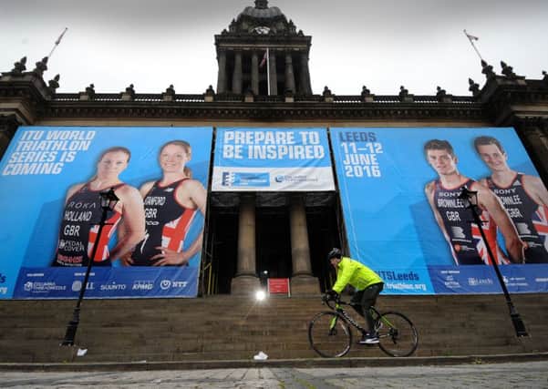 The ITU World Triathlon Series banners are up at Leeds Town Hall. Picture by Simon Hulme.