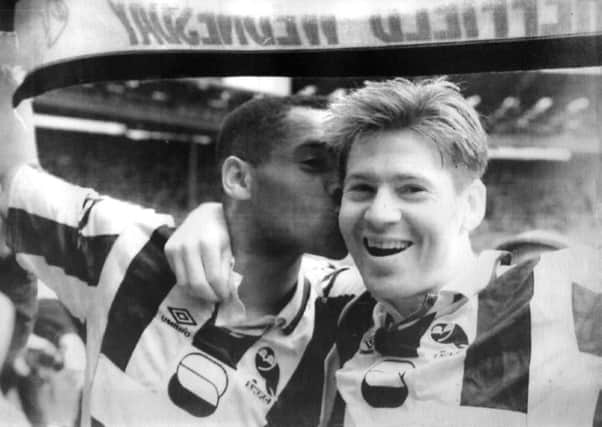 Sheffield Wednesday hero's Chris Waddle (right) and Mark Bright after winning the Sheffield United v Wednesday FA Cup Semi-Final at Wembley.