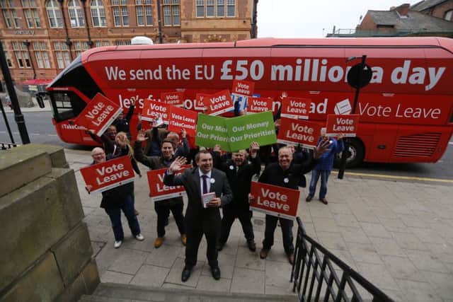 The Vote Leave Battle Bus pictures in Sunderland. Its slogan 'We send the EU Â£50m a day' has caused controversy with Remain camaigners.