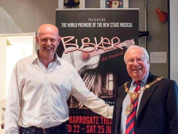 Busker playwright Keith Humphrey with Harrogate's new Mayor Coun Nick Brown at the musical's press launch.