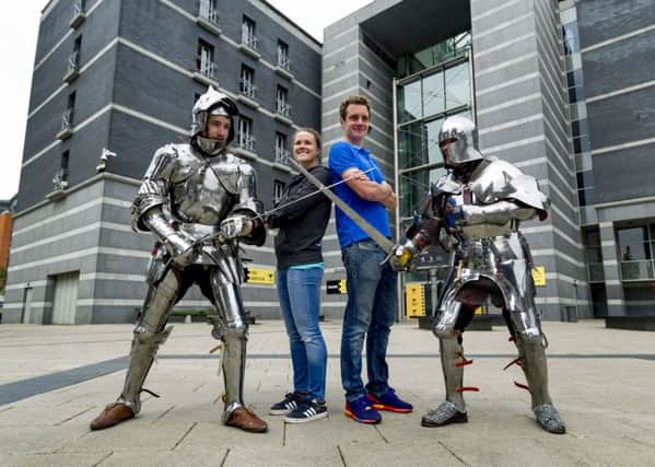 Triathletes Flora Duffy and Alistair Brownlee pictured at the Royal Armouries in Leeds ahead of the Columbia Threadneedle World Triathlon Leeds on Sunday. Picture by James Hardisty.