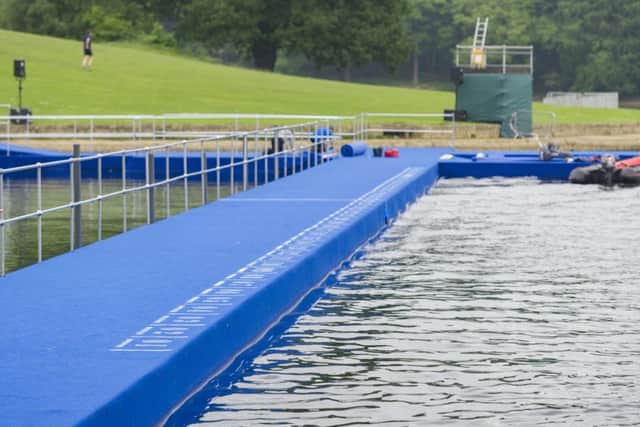 The blue jetty from which the womens and mens races will begin in Roundhay Park, Leeds, on Saturday afternoon.