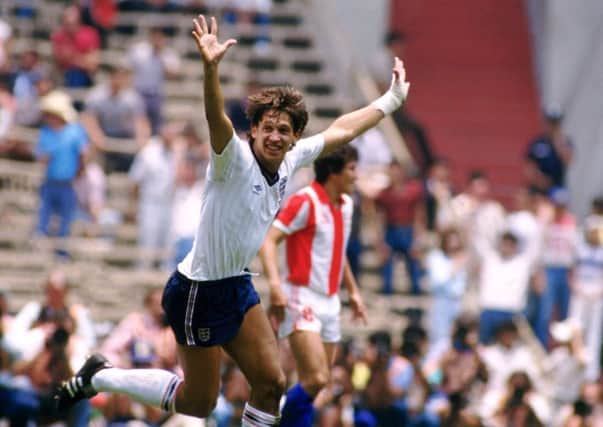 Gary Lineker celebrating one of his two goals during England's second round match with Paraguay during the 1986 World Cup, Mexico.