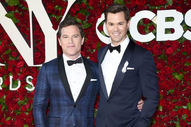 Michael Doyle, left, and Andrew Rannells arrive at the Tony Awards